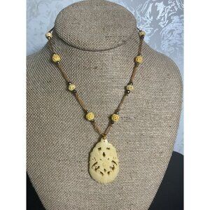 Carved Flower Pendant Necklace With Wood & Metal Beads